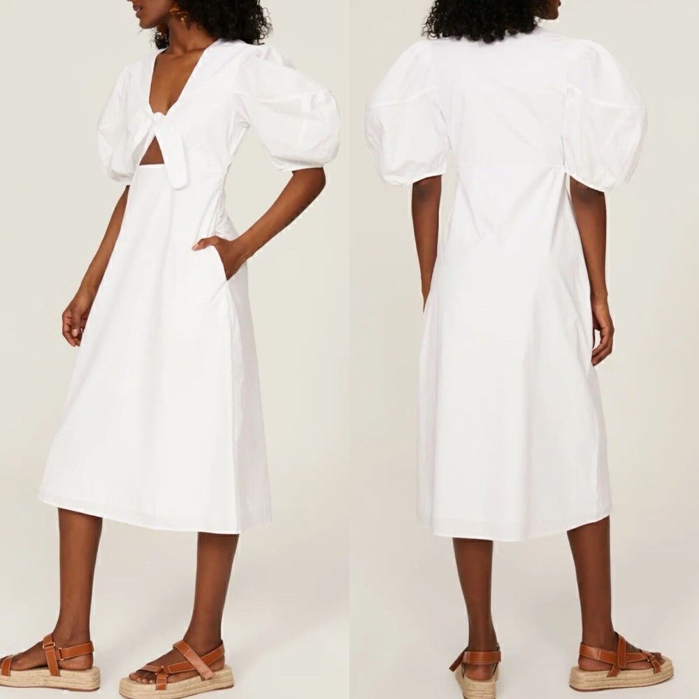 RHODE Greer Dress Womens 6 Crisp White Cutout Midi Short Sleeve Cotton Poplin